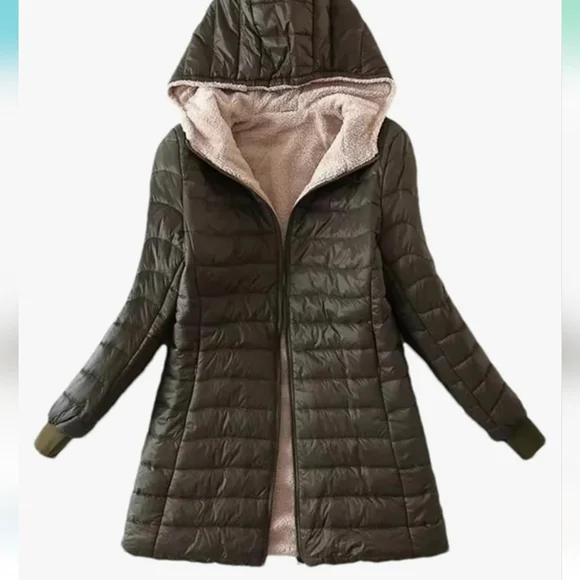 Women's Quilted Hooded Jacket - Olive Green - Picture 1 of 3